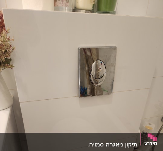 לחצן ניאגרה כסוף על קיר לבן